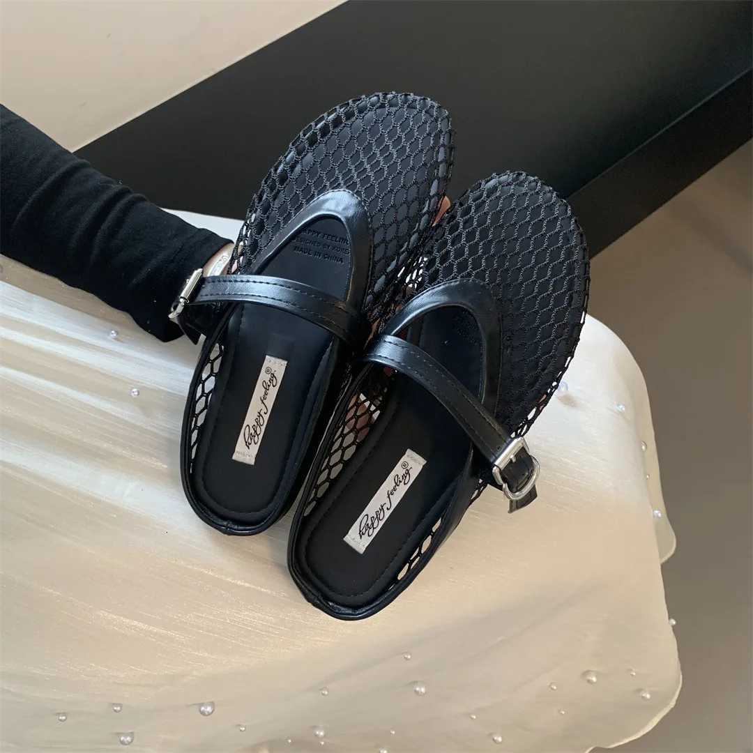 Women Knitted Air Mesh Flats Shoes Spring Summer Belt Buckle Ballerinas Ladies Fishnet Loafers Slip On Hollow Out Mary Janes W250918