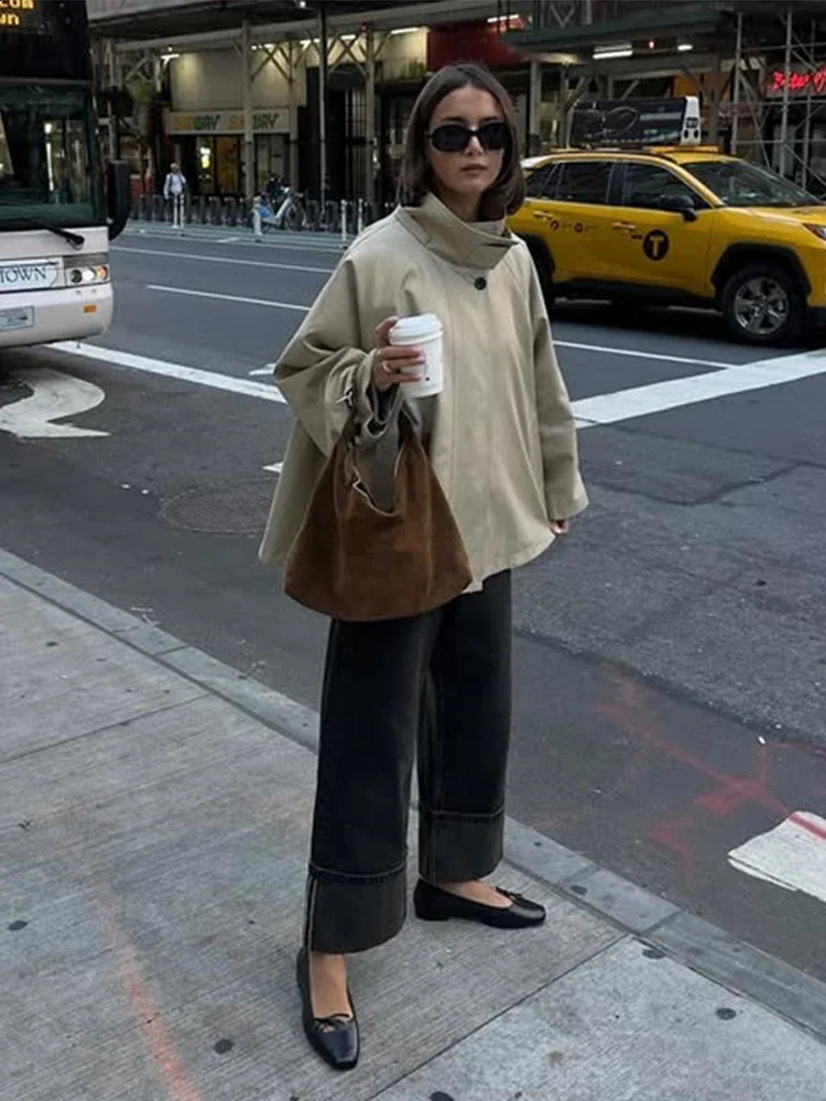 Retro Loose High Neck Zipper Trench Women Casual Khaki Single Button Short Jackets Female 2025 Chic Versatile Street Outwear 250918