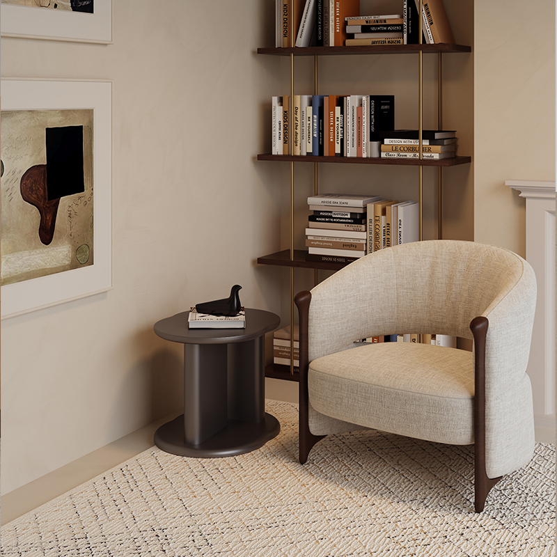 Living Room Furniture Mid - Century Modern Beige Upholstered Swallowtail Lounge Chair with Wooden Arms, Ideal for Home Reading Corners