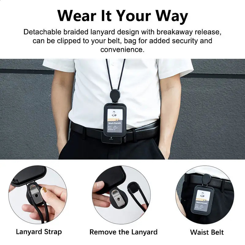 CASEKEY Adjustable Horizontal Vertical Yoyo Cow Leather ID Card Badge Holder with Long Neck Strap for Employee Doctor Nurse 250918