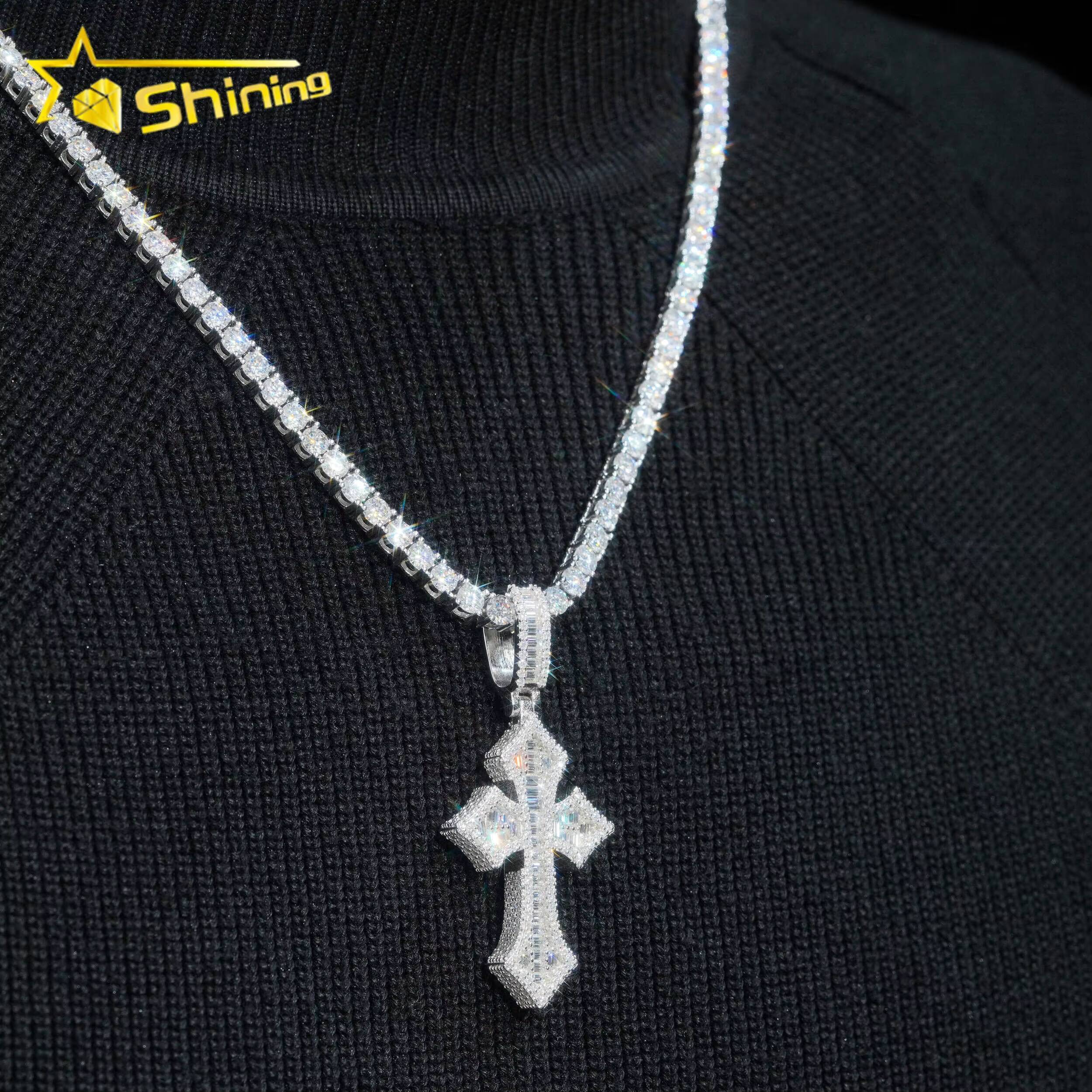Wholesale Luxury baguette Diamond Pass Diamond Tester 925 Silver Hip Hop Iced Out Vvs Moissanite Cross Pendant