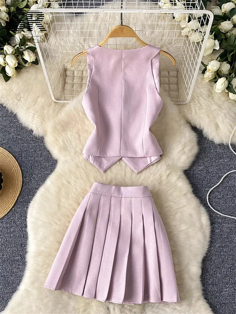 SINGREINY French 2pcs Suit Women Summer Single Breasted Basic CamisoleZipper Pleated Skirt Ladies Fashion Two Pieces Set 250320