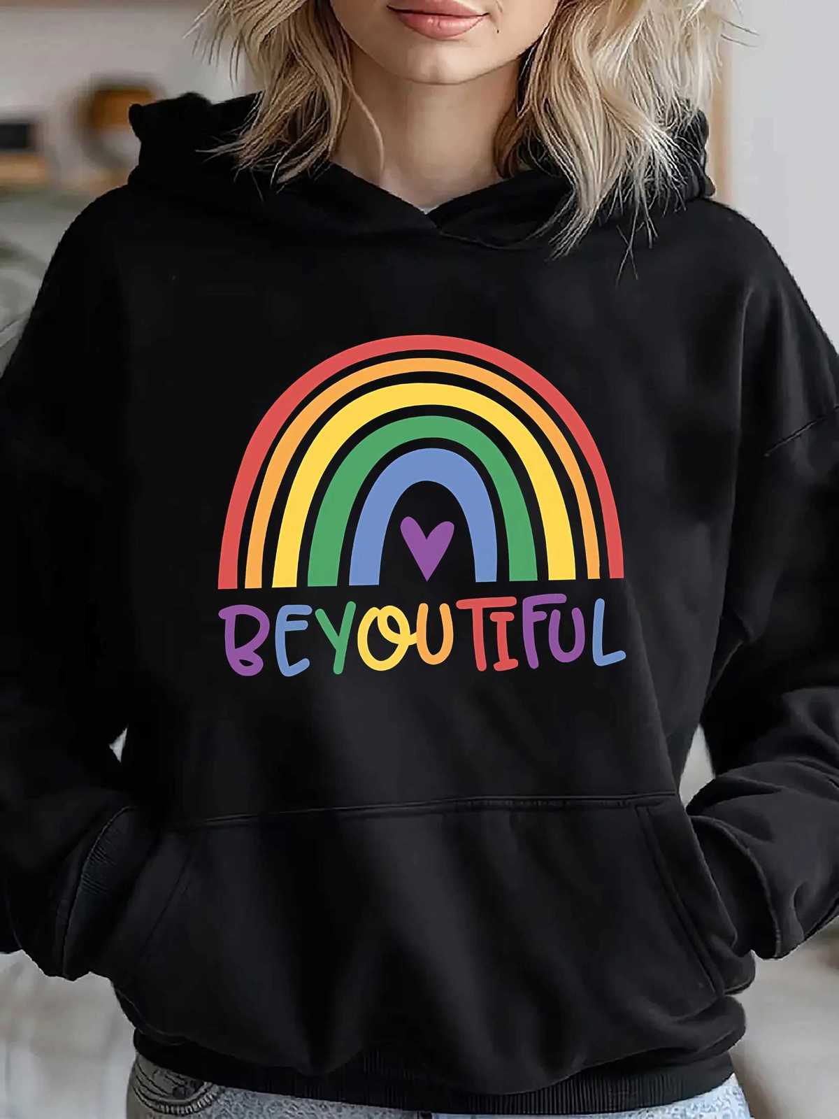 Womens Hoodie with Beautiful Rainbow Beyoutiful Print 2025 New Autumn Winter Top Hooded Long Sleeved Womens Casual ClothingZ250918