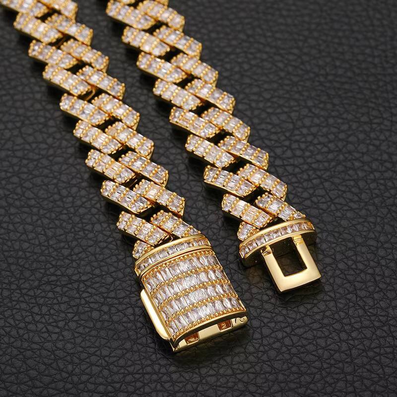 14MM Hip Hop Baguette Iced Out Cuban Link Chain Brass 18K Gold Plated Miami Cuban Link Chain