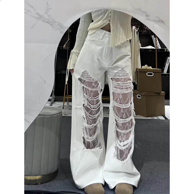Washed Ripped Lace Denim Jeans for Women Street Straightleg Loose Wideleg American Style Long Pants Z260313