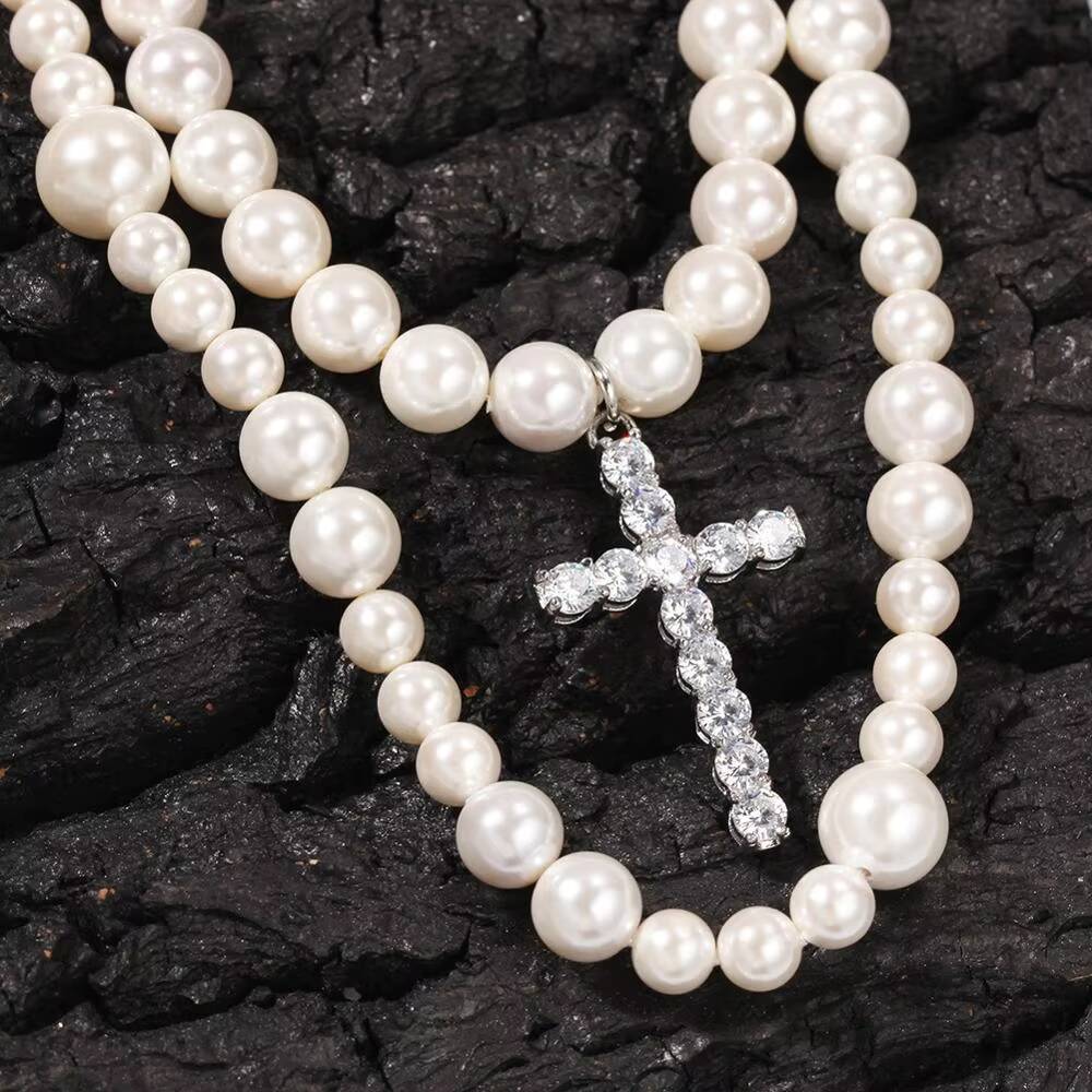 Top Fashion Hiphop Double Layer Pearl Necklace With Cross Pendant for Men