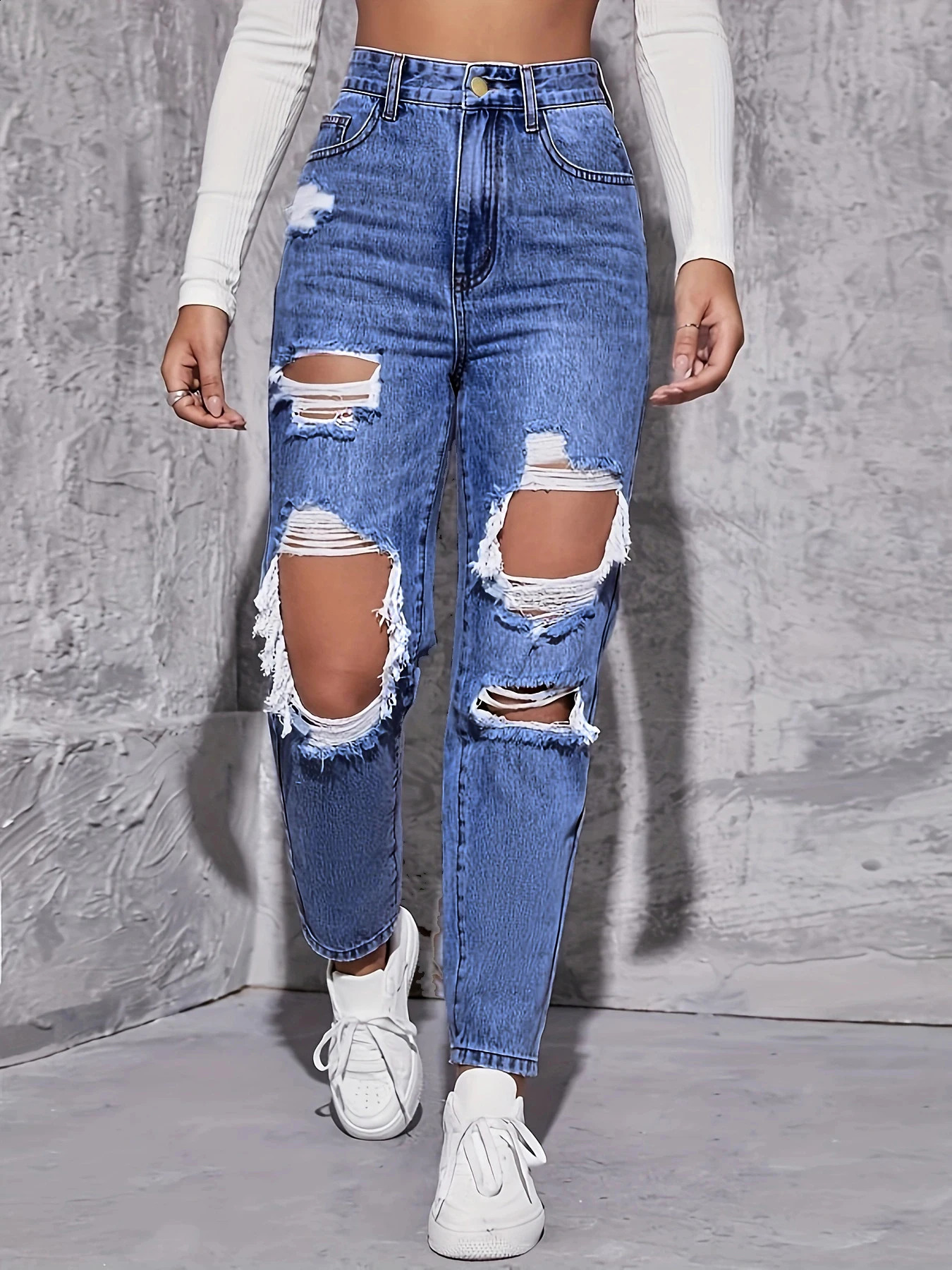 American Retro Holepunched Jeans Women High Waist Straightcrotch Loose Slim Highstreet Vibe Widelegged Dragging Pants Z260313