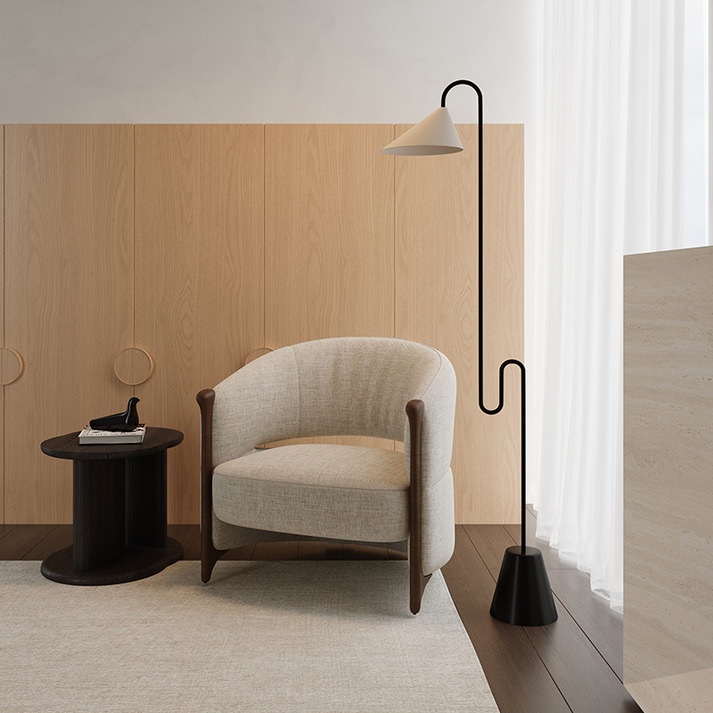 Living Room Furniture Mid - Century Modern Beige Upholstered Swallowtail Lounge Chair with Wooden Arms, Ideal for Home Reading Corners