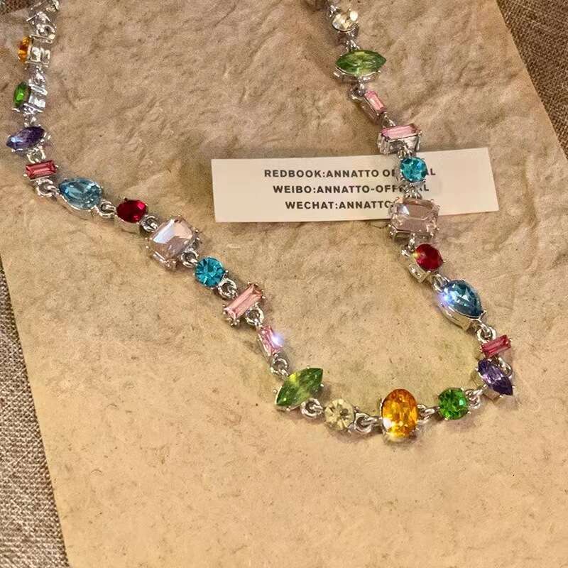 Sweetheart Candy Colorful Crystal Zircon Necklace Light High-end Heart Rainbow Clavicle Chain for Women Ins Niche Trend
