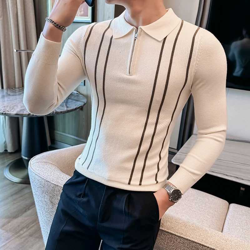 2024 Autumn Winter New Striped Sweater For Men Fashion Zipper Flip Collar Knitted Polo Shirt Mens Long Sleeve Slim Casual PullZ250918