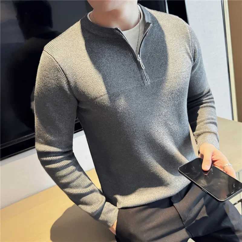 2024 Autumn Winter Fake 2 Piece Sweater Fashion Half Zipper Splice Long Sleeved Slim Fit Warm Sweaters Men Knitted PulloverZ250918
