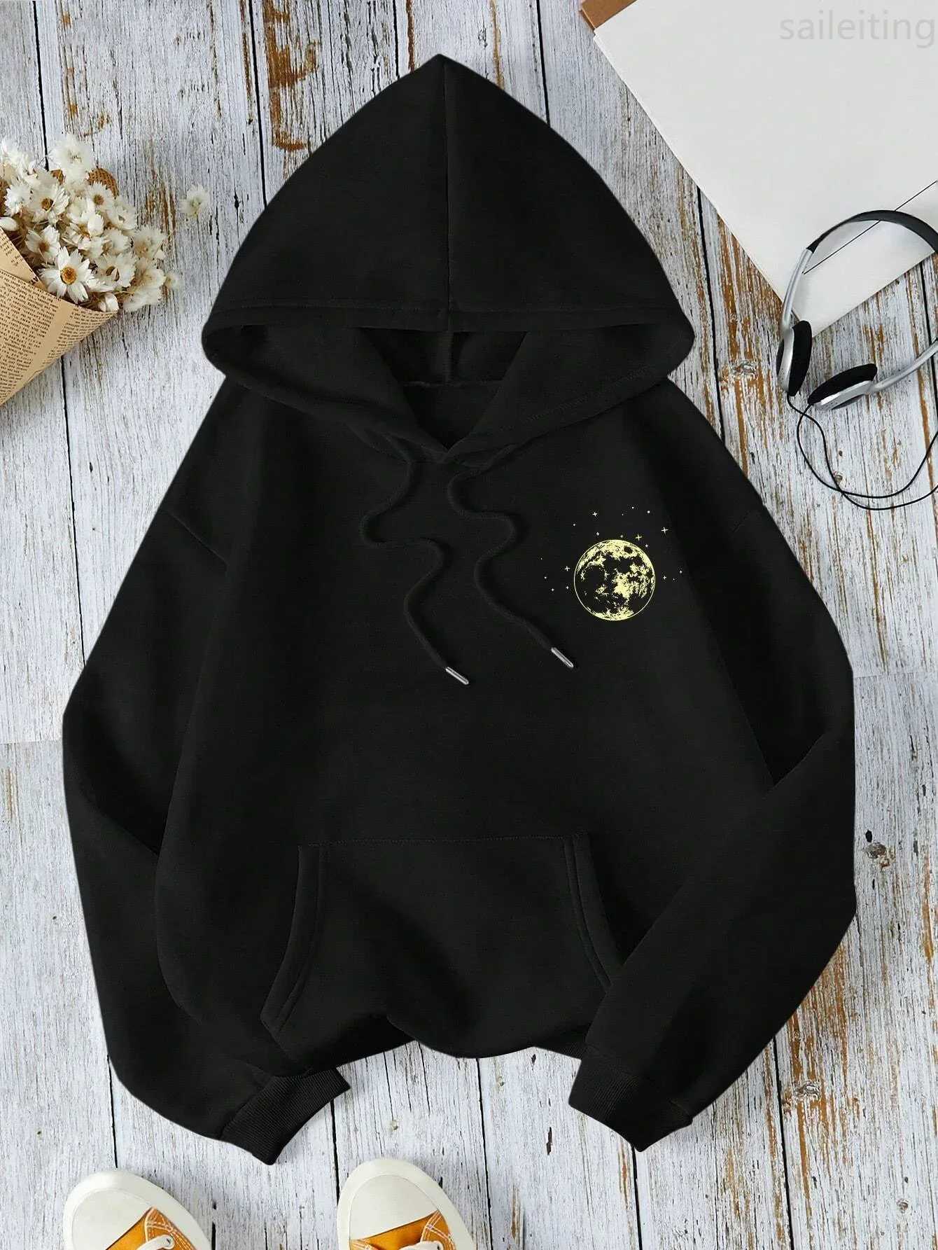 New with Different Moon Prints Front and Back Printed kangaroo pocket Hoodies Casual and Fashionable Womens ClothingZ250918