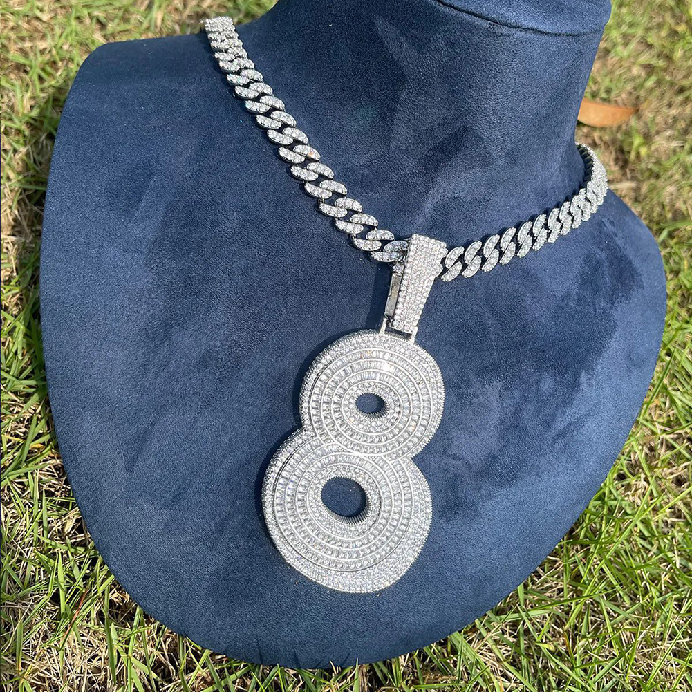Hip Hop Large 8 Number Pendant Necklace 5A CZ Stones 18k Real Gold Plated Jewelry