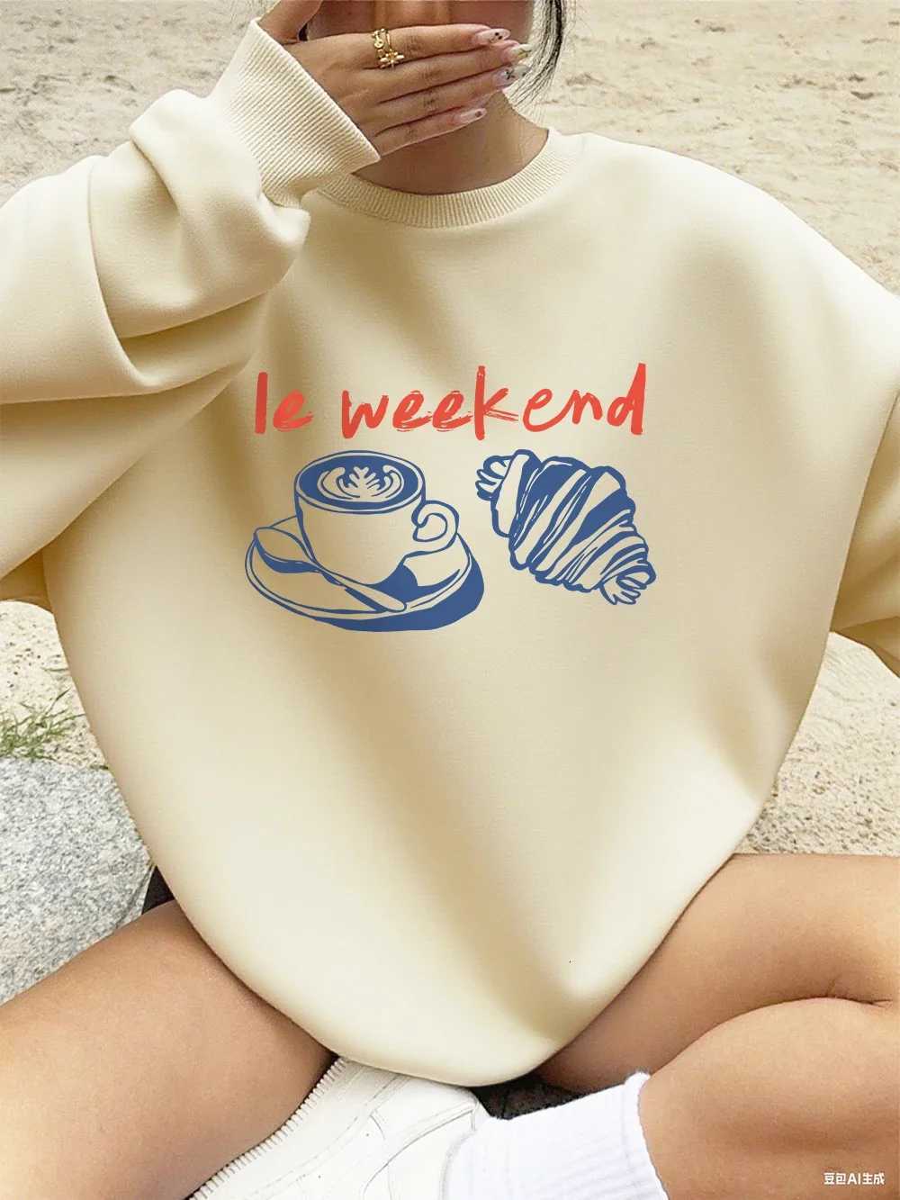 2025 Ie Weekend Coffee Bread Prints Sweatshirts Women Crewneck Basics Hoodies Warm Clothes Autumn Winter Casual Women PulloverZ250918