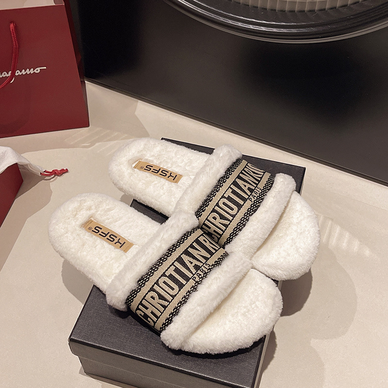 hot Free Shipping Designer slippers for womens flat slippers wihte black grey khaki New velvet warm flat embroidered cotton mop
