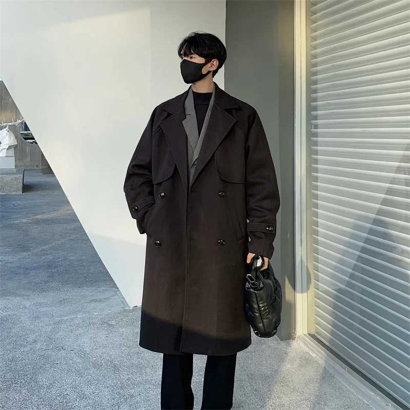 Mens Autumn Winter Mid Length Woolen Coat New Korean Tide Black Thickned Overcoat Long Sleeve Doublebreasted Jackets Z250918