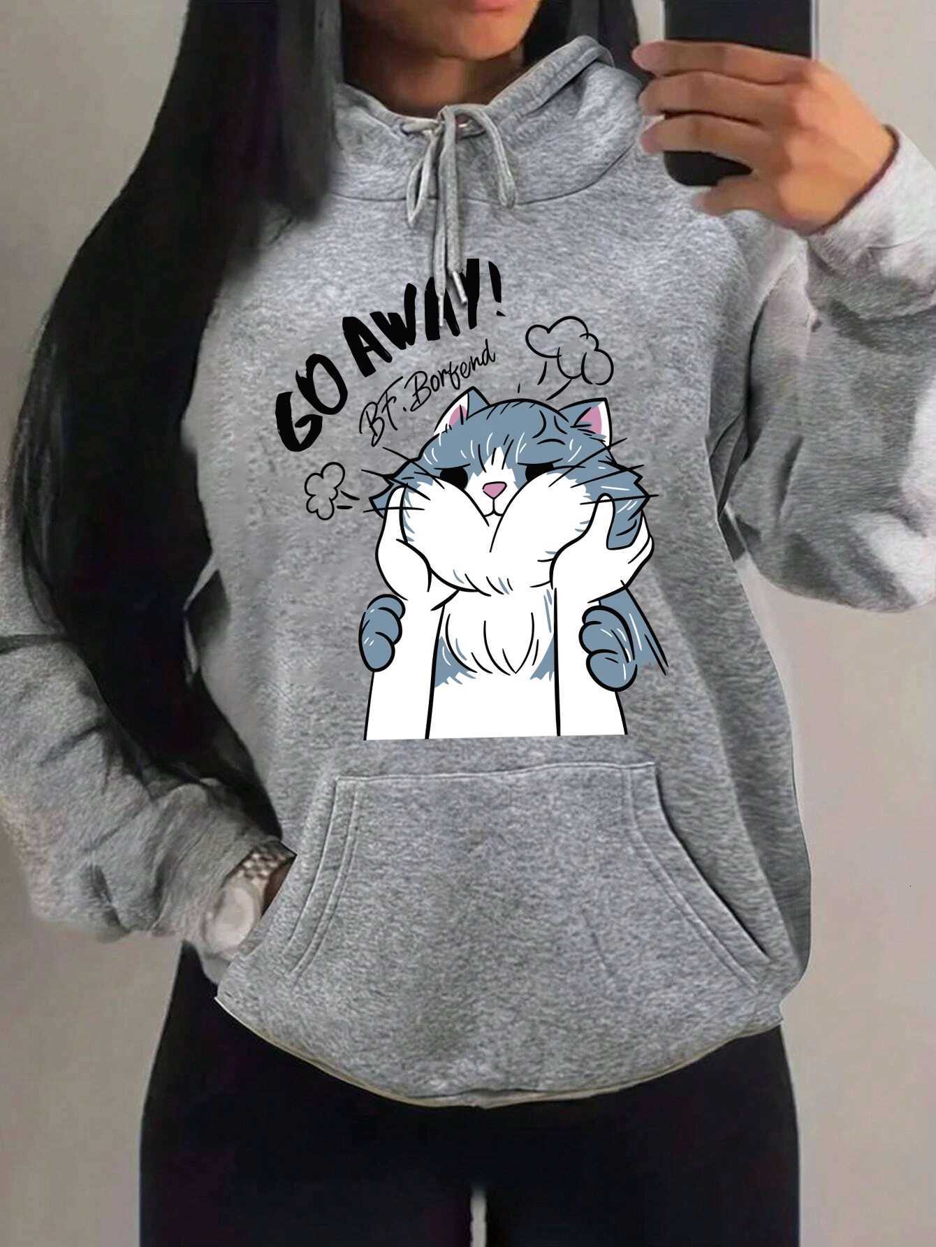 Go Away The Touched Cartoon Cat Printing Women Hoodie Casual 2025 Winter Hoodies Sweatshirt Comfortable Fleece SportswearZ250918
