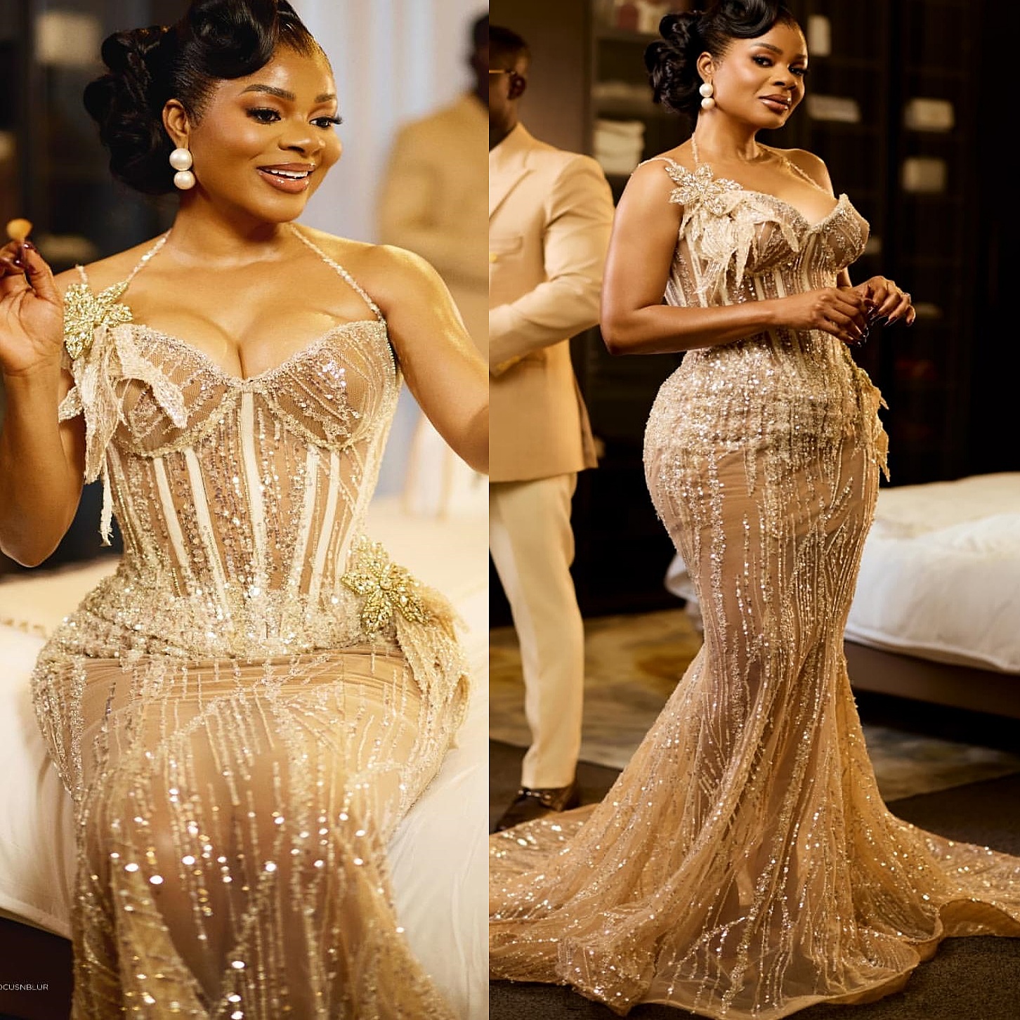 Champagne Mermaid Prom Dresses 2025 Illusion Crystals Halter Flowers Evening Formal Party Second Birthday Engagement Gowns Plus Size Dress For Special