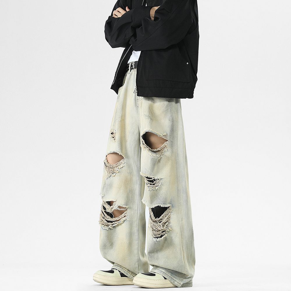 Men's Jeans Autumn and Winter New Arrival - Sickle - cut Dirty Streetwear Trousers with Burn and Ripped Details