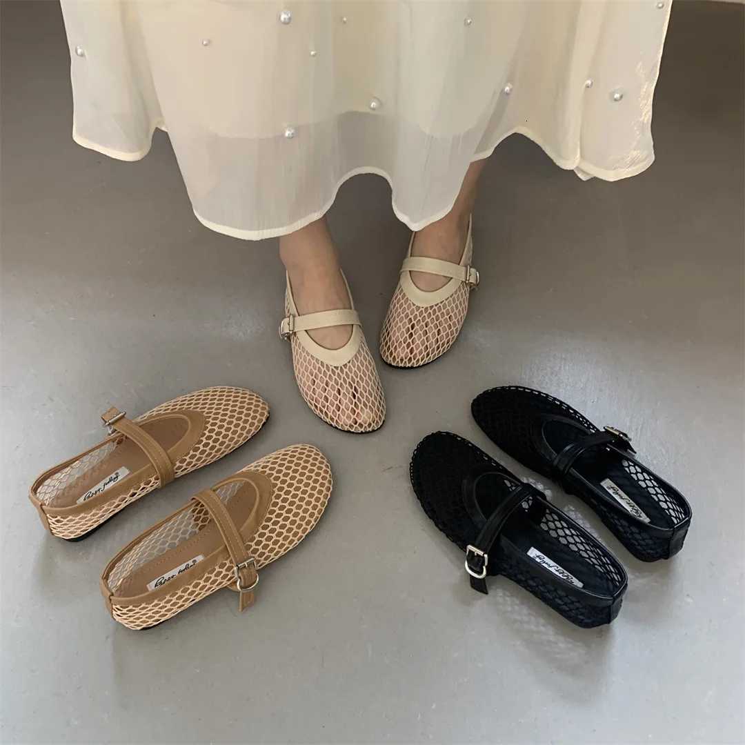 Women Knitted Air Mesh Flats Shoes Spring Summer Belt Buckle Ballerinas Ladies Fishnet Loafers Slip On Hollow Out Mary Janes W250918