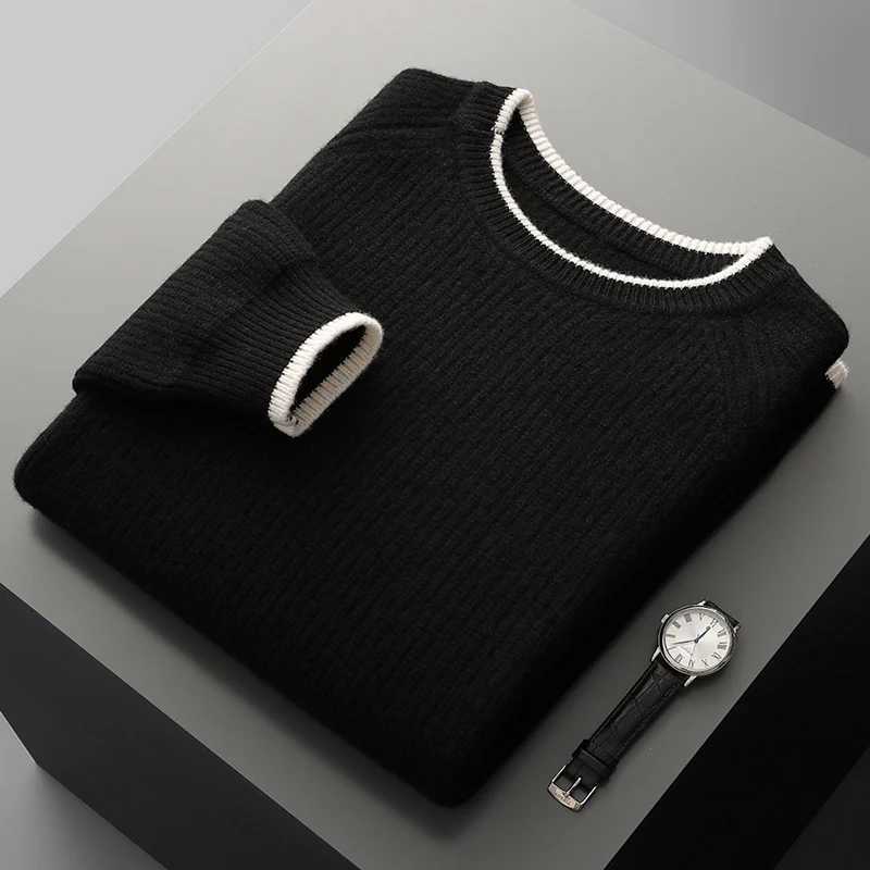 100Merino Wool Knitted Sweater Mens ONeck Loose Ingot Needle Pullovers Fashion Color Matching LongSleeved Tops Thicken ShirtZ250918