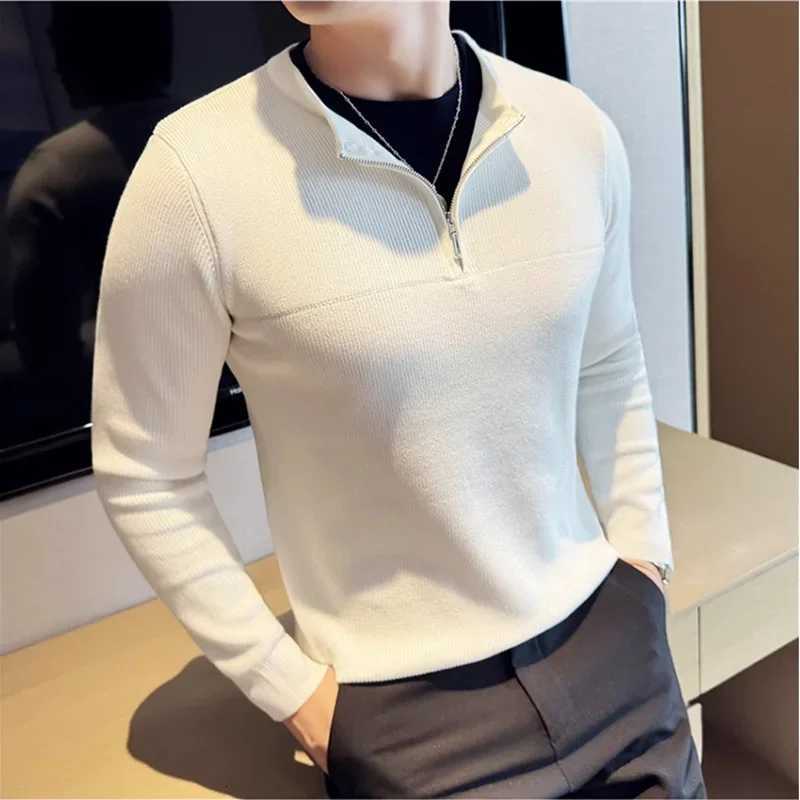2024 Autumn Winter Fake 2 Piece Sweater Fashion Half Zipper Splice Long Sleeved Slim Fit Warm Sweaters Men Knitted PulloverZ250918