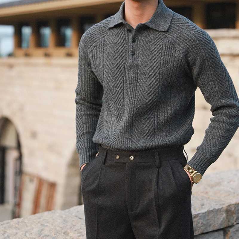 Fashionable Textured Knitted Sweater Mens Polo Shirts Long Sleeve Turndown Collar Zipper Jumper Tops Autumn Men Knit ClothingZ250918