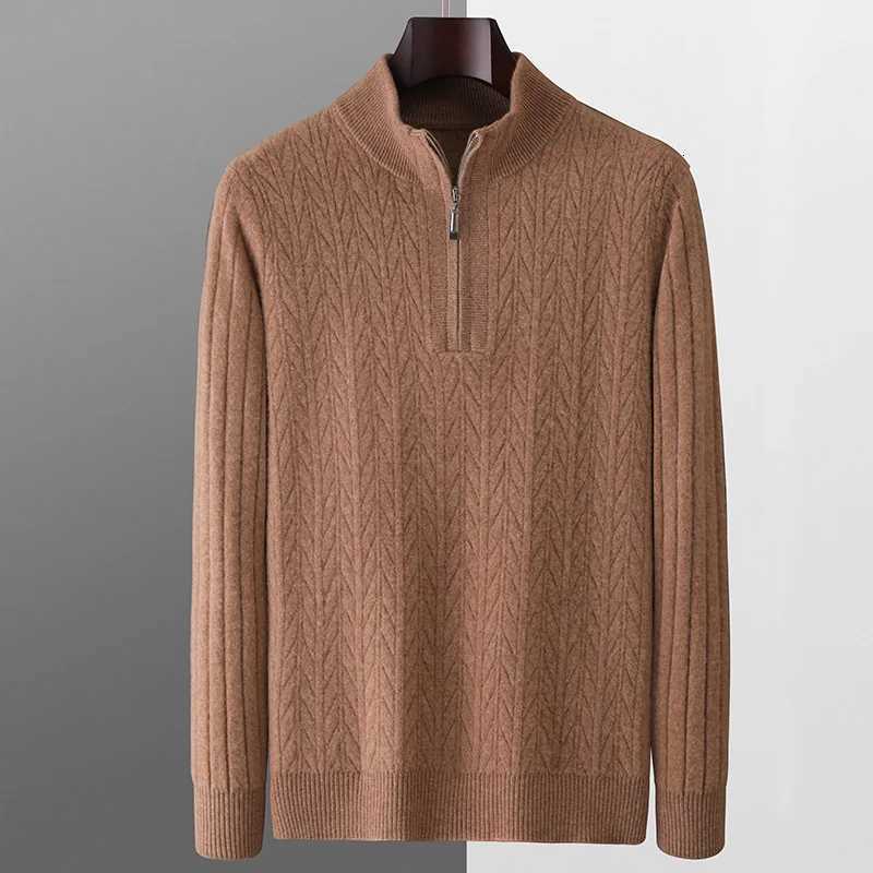 100 Merino Wool Jacquard Pullovers Mens Mockneck Zipper Sweater Autumn Winter Thick Warm Cashmere Knitwear Smart Casual TopZ250918