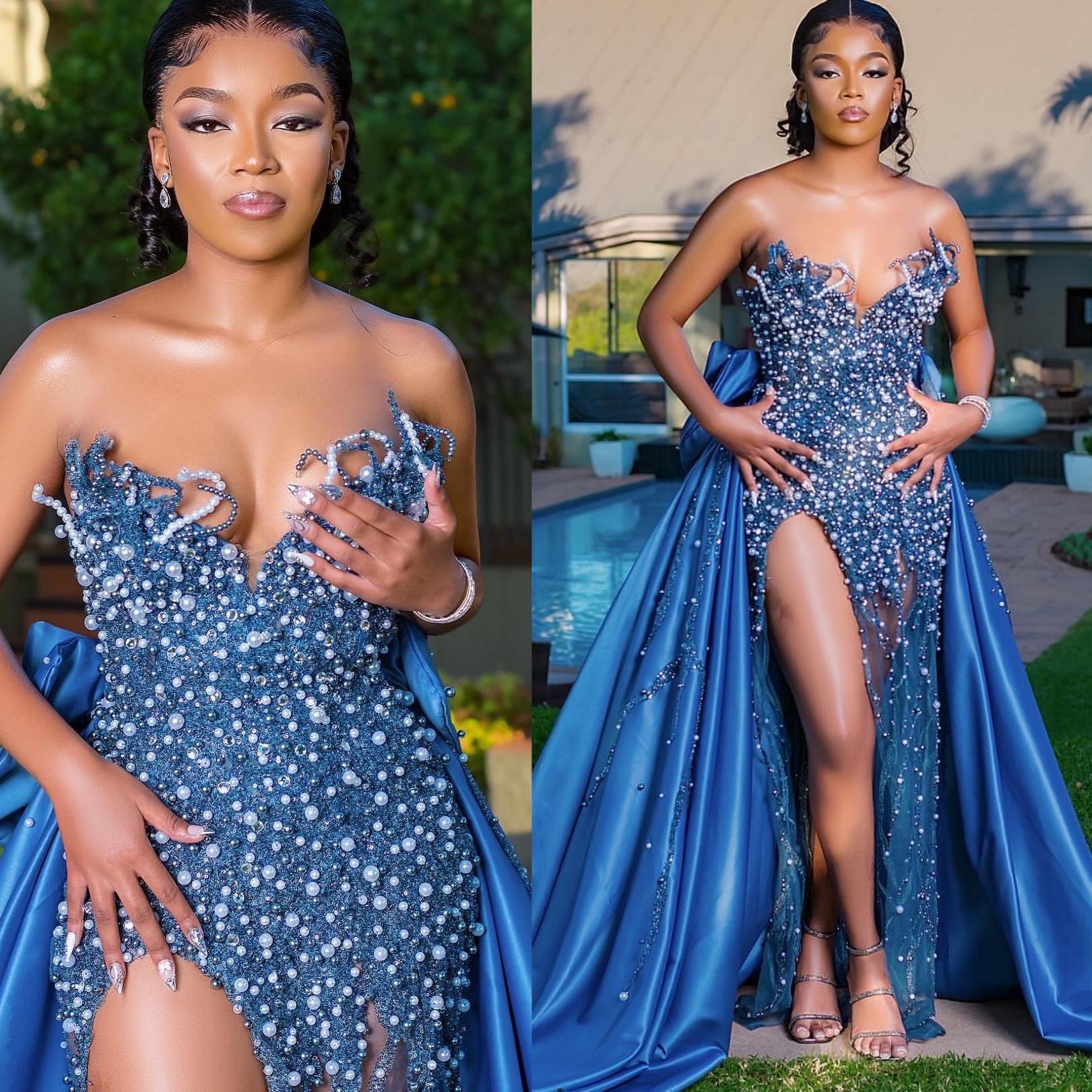 Blue Sheath Prom Dresses 2025 Beaded Pearls Detachable Train Evening Formal Party Second Birthday Engagement Gowns Plus Size Dress For Special Occasio