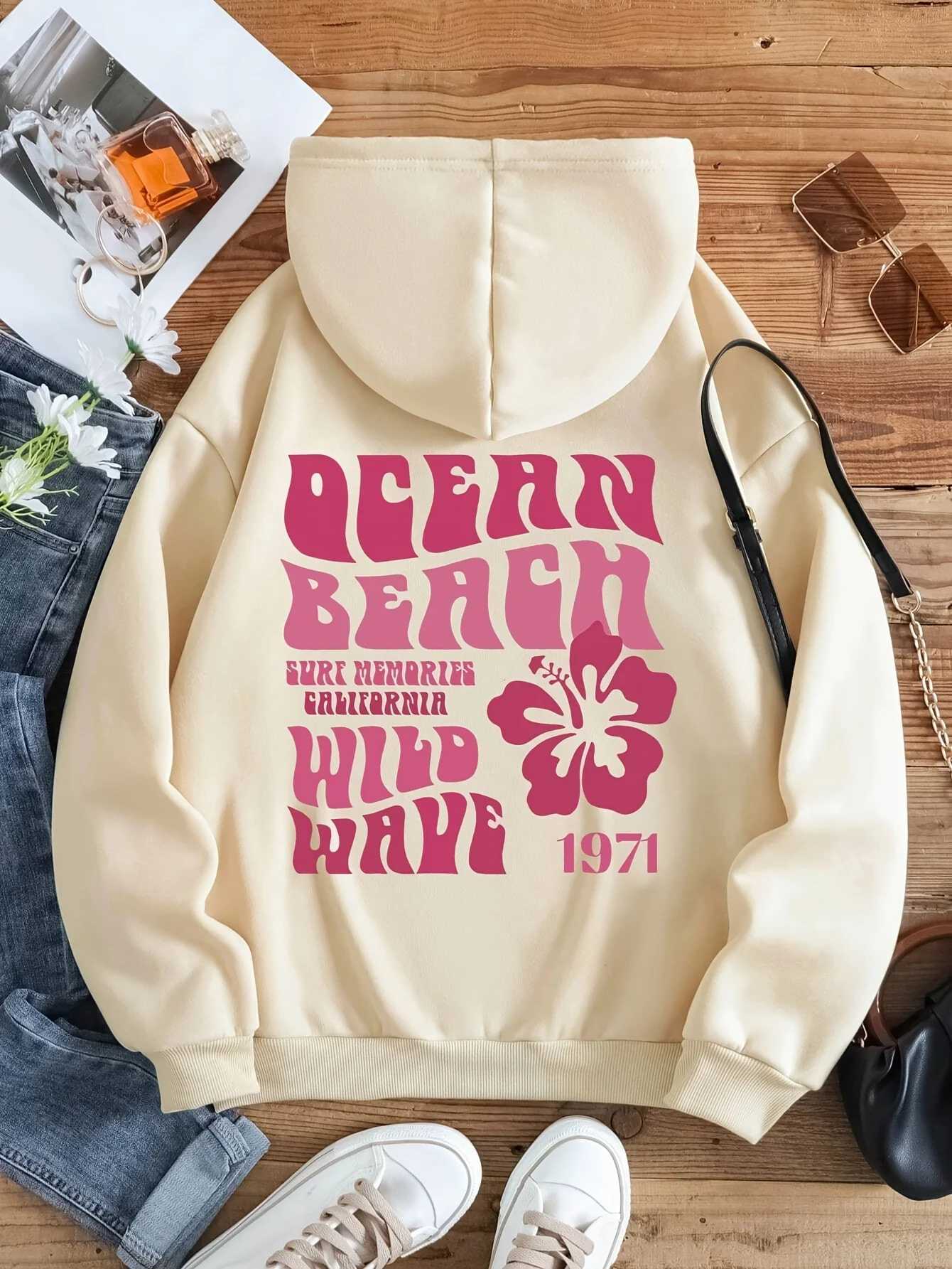 Retro inspired ocean beach surfing hoodie with floral and slogan patterns womens fashionable sweatshirt with drawstringZ250918