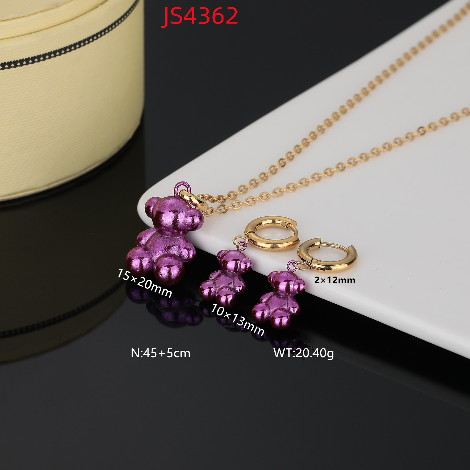 New Arrival Fashion Women Men Silver Rode Gold Stainless Steel Bear Cartoon Pink Black White Drop Oil Zircon Pendant Necklace Circle Earrings Sets Jewelry