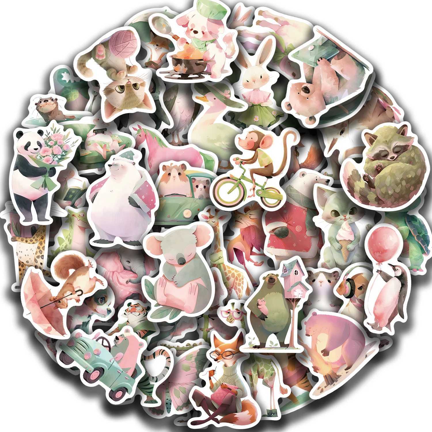 50Pcs Cute Pink Green Animals Stickers Cartoon Watercolor Animal Decals DIY Phone Laptop Luggage Skateboard Sticker Fun for Kids C250918