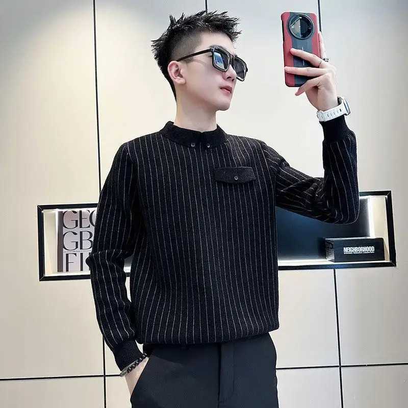 Base Sweater Long Sleeve Casual Trendy Slim Striped Handsome Winter Mens Sweater POLO Collar TopZ250918