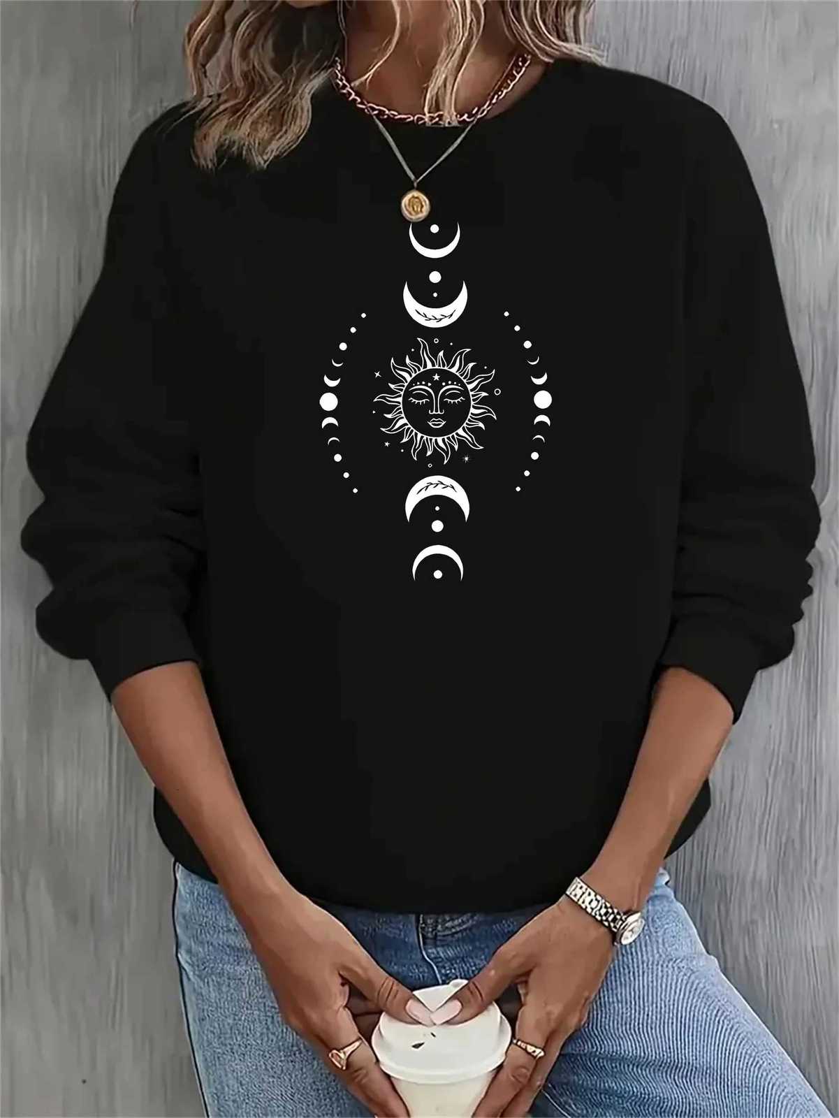 women Hoodies Celestial Moon Sweatshirt Womens Celestial Moon Stars Print Long Sleeve Round Neck Sweatshirt AllZ250918