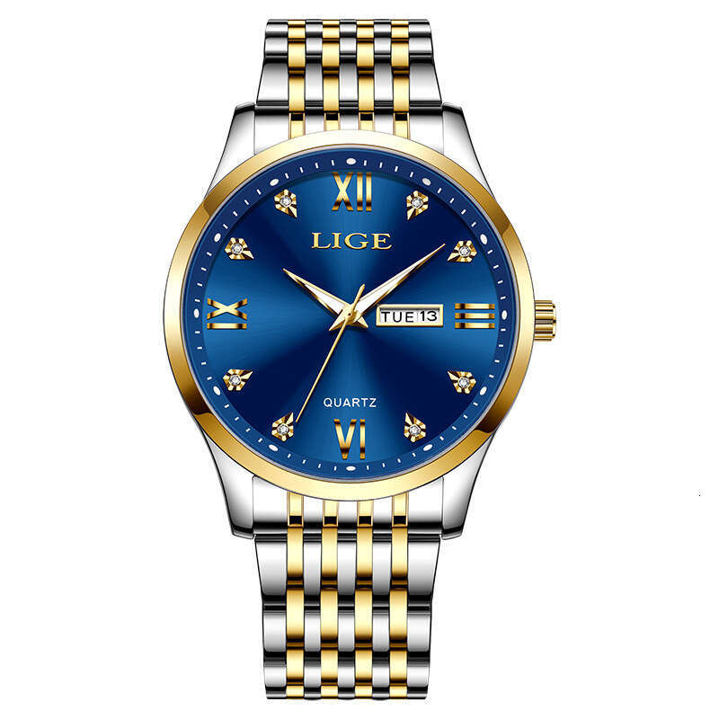 LIGE Business Simple Large Dial Men's Waterproof Luminous Dual Calendar Steel Band Quartz Watch