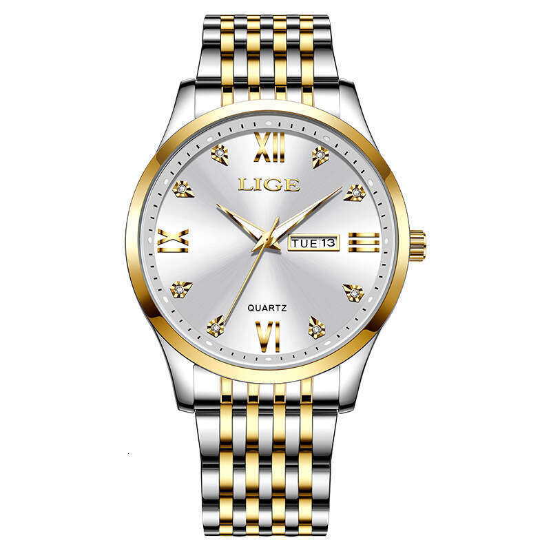 LIGE Business Simple Large Dial Men's Waterproof Luminous Dual Calendar Steel Band Quartz Watch