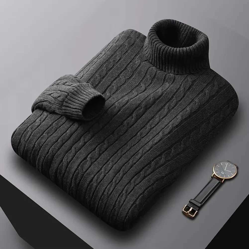 Autumn New Mens Turtleneck Jacquard Sweater Solid Color Knitted Pullover Casual Warmth High Elastic Versatile Male SweatwearZ250918