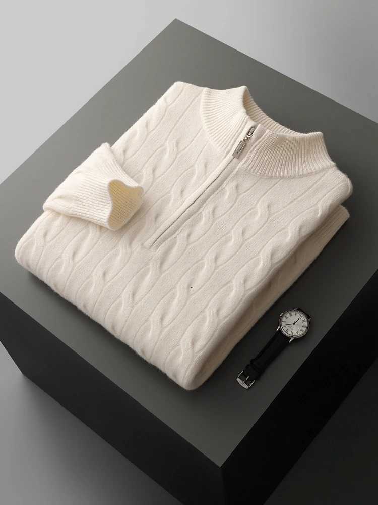 Autumn Winter Men Half Zippers 100 Merino Wool Sweater Thicken Twist Flower Pullover Retro Casual Cashmere Knitwear Solid TopsZ250918