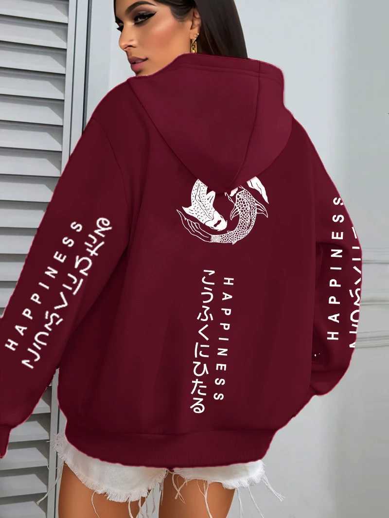 Two Koi Carps Of Happiness Printing Hoodie Women Street AllMatch Y2K Hoody Fleece Loose Hoodies Pocket Autumn PulloversZ250918