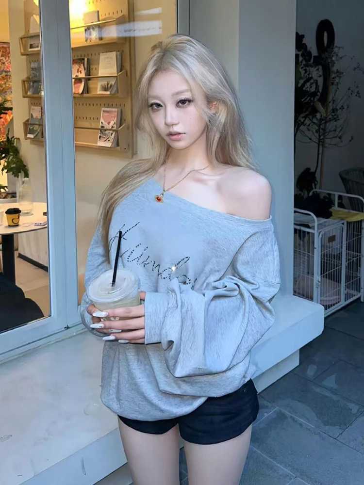 Y2k Sweatshirts Women Off Shoulder Loose Casual American Vintage High Street Aesthetic Streetwear Spring Autumn Daily HoodieZ250918