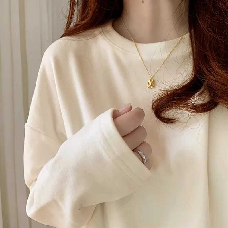 De Rong Warm Base Shirt for Womens Spring and Autumn Interior with Thick Velvet Solid Color Tshirt Loose and Versatile Round NZ250918