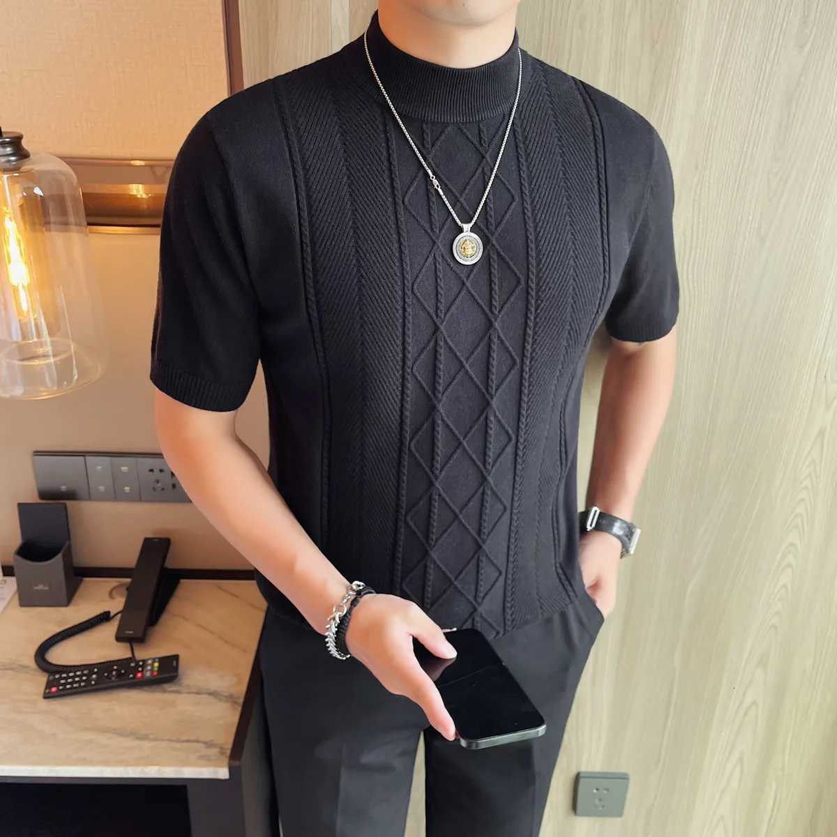 Jacquard Weaving Sweater Man Clothing Autumn Winter New Short Sleeve Mens Sweaters Slim Fit Half High Collar Knitwear PulloversZ250918