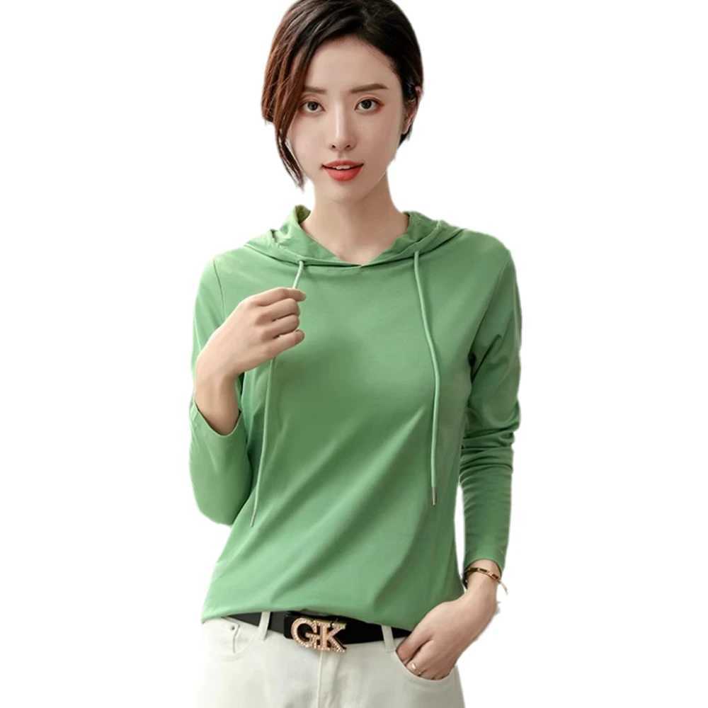 Silky cotton hooded sweatshirt Tshirt for women in spring 2025 new pure cotton versatile light luxury thin fashion base shirtZ250918