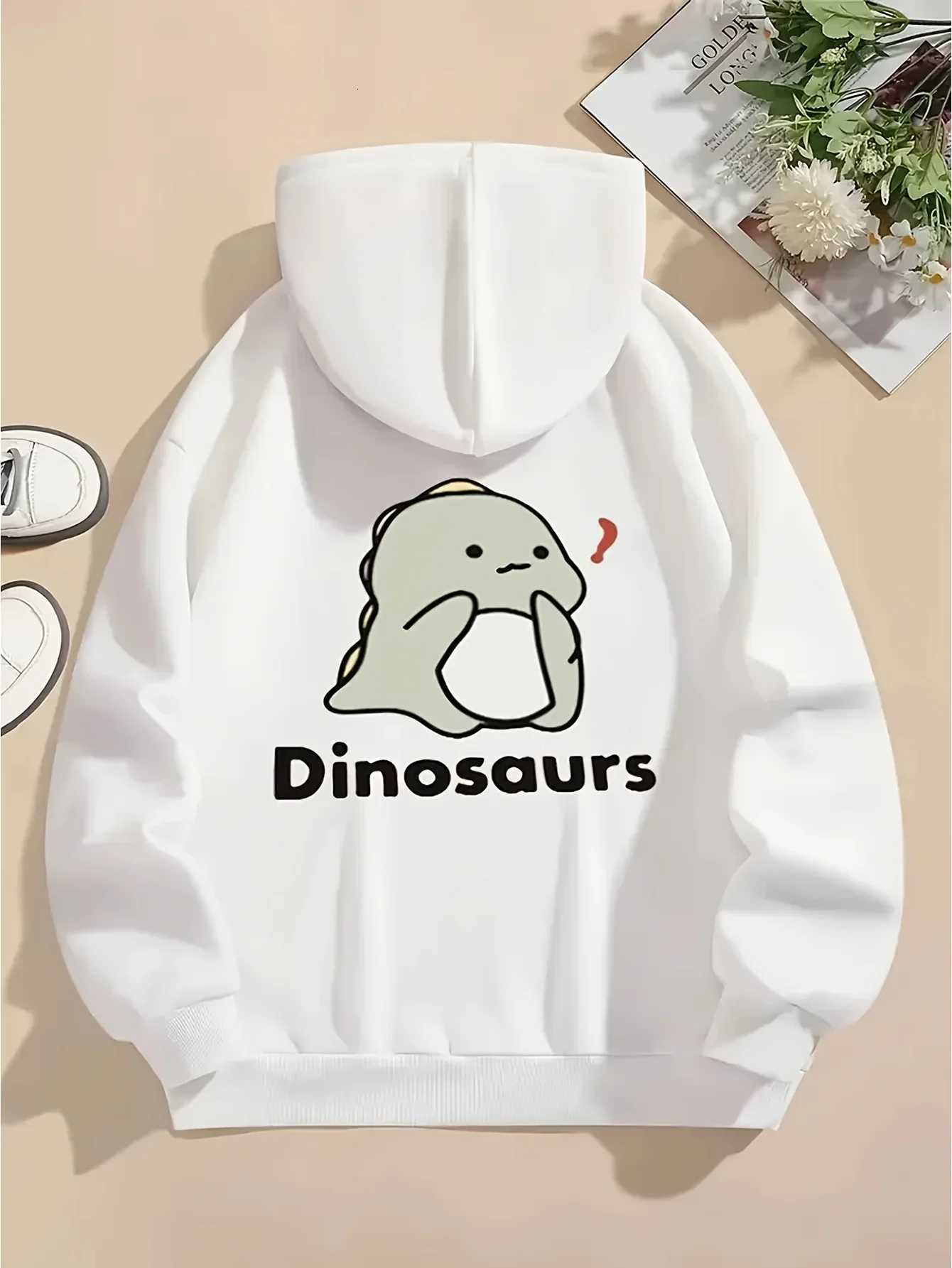 Cartoon Dinosaur Cute Love Printed Hoodie Womens 2025 Autumn Winter Top Long Sleeve Round Neck Sweatshirt ClothingZ250918