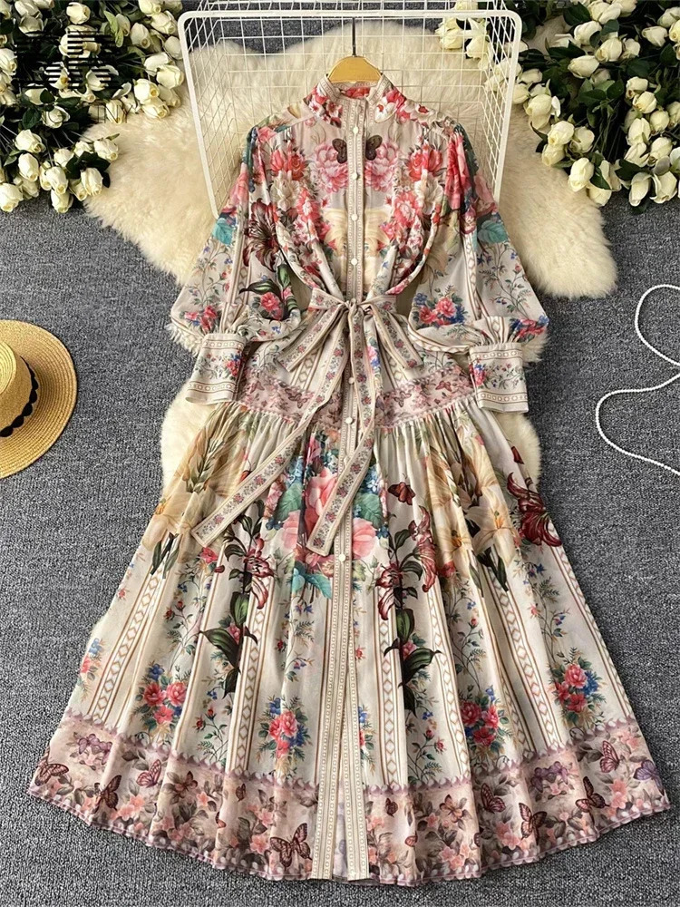 France Fashion Vintage Senior Print Dress Women Lantern Sleeve Single Breasted Ladies Clothes Elegant Lace Up n Dress 250917