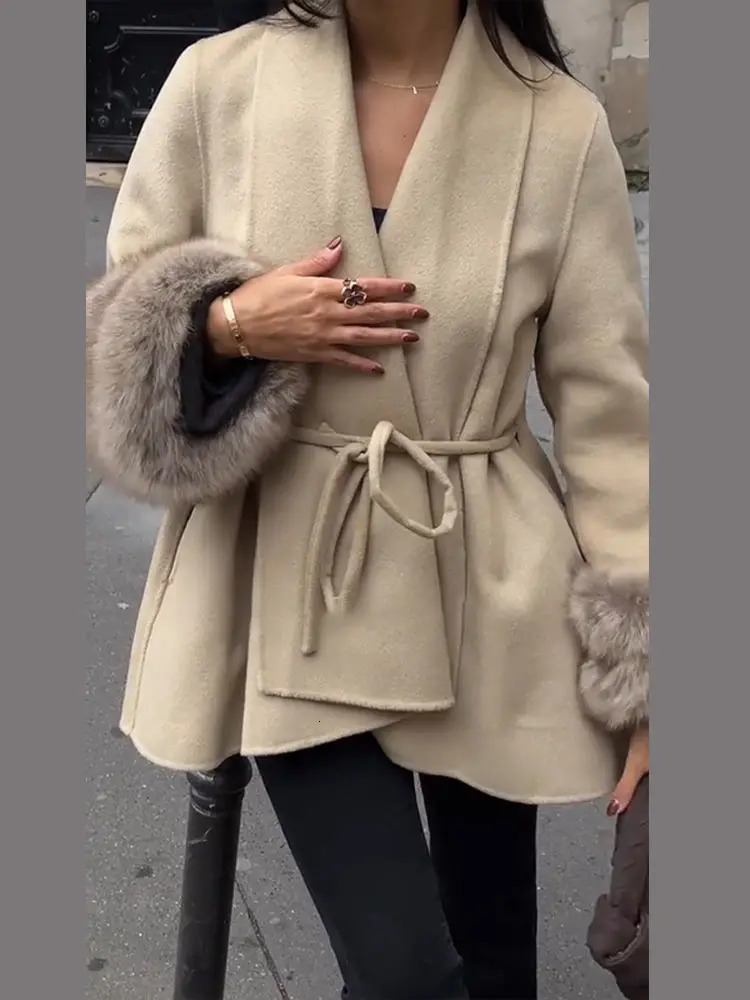 Elegant Womens Lace Up Fur Patchwork Woolen Coat Lapel Long Sleeve Solid Belt Overcoats Autumn Winter Lady Warm Steetwear 250917