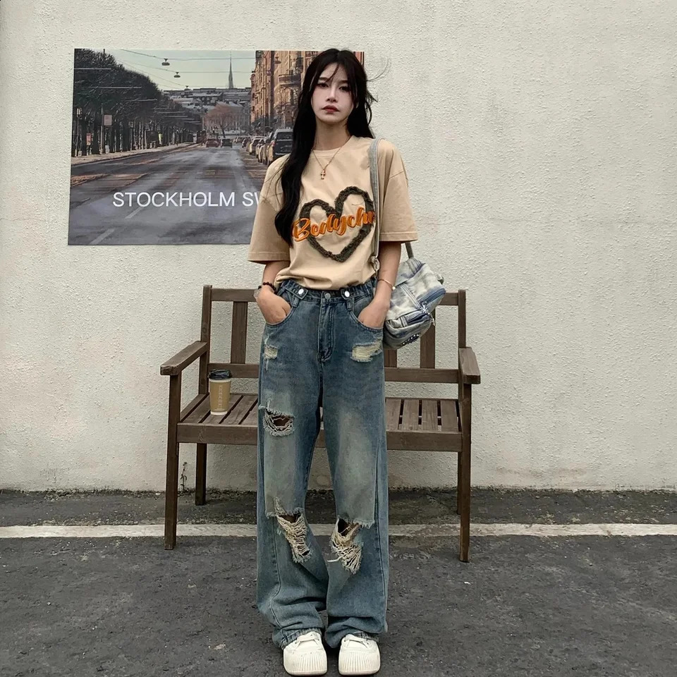 Vintage Hole Y2k Womens High Waisted Jeans Wide Loose Straight Leg Hiphop Street Wear Floor Length Denim Pants Z260313