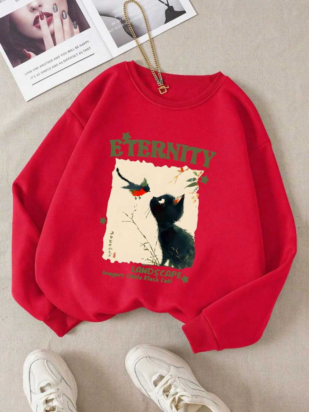 2025 Autumn Winter Cat with Bird Cute Printed Hoodies Women Fleece Sweatshirts Pullover Casual Comfortable Women ClothingZ250918
