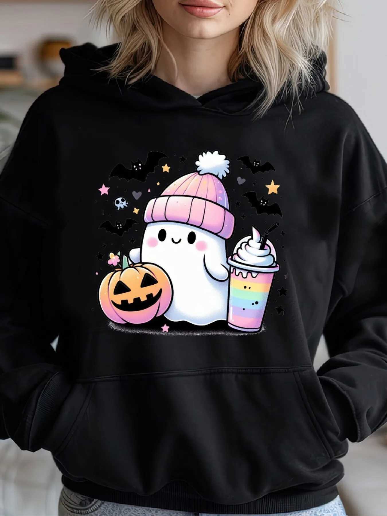 Womens Hooded Sweatshirt with Halloween Pattern Printed Casual Sportswear and Drawstring Long Sleeved Autumn Winter ClothingZ250918