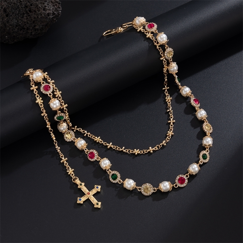Salircon Exquisite Cross Pendant Imitation Pearl Keychain Belt Chain Men Women Punk Trousers Jeans Chain HipHop Jewelry 250917 - view 5